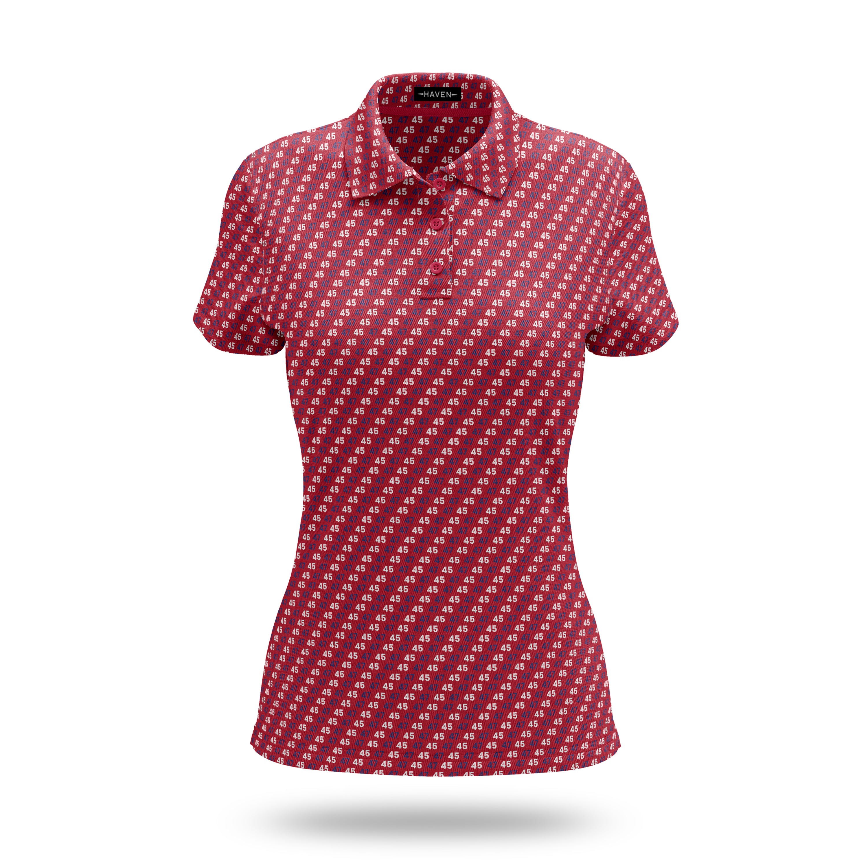 45-47 inspired womens golf polo part of the patriotic collection with red base coloring and blue and white accents. Sleeved style womens golf polo.