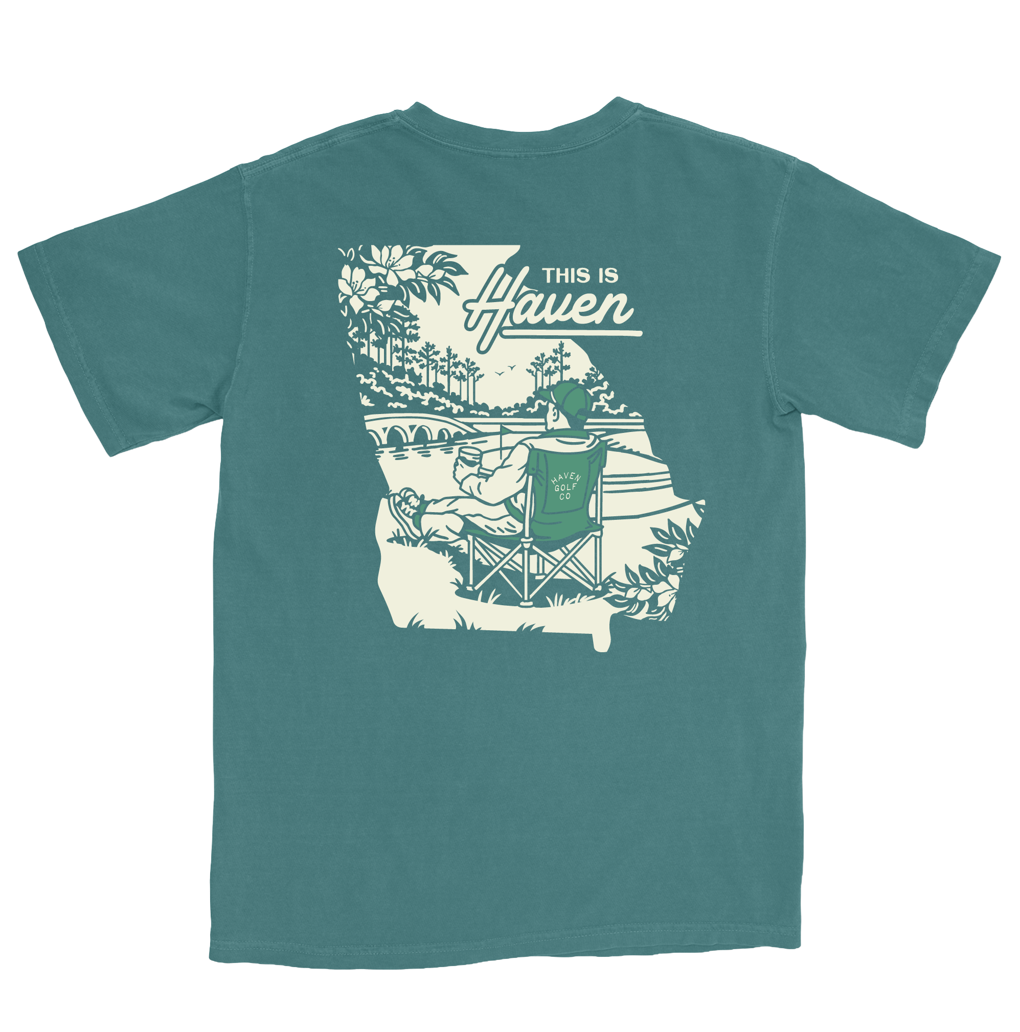 Teal t-shirt with 'This is Haven' graphic on a white background