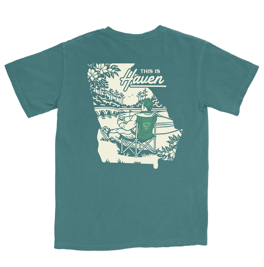 Teal t-shirt with 'This is Haven' graphic on a white background