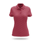 45-47 inspired womens golf polo part of the patriotic collection with red base coloring and blue and white accents. Sleeved style womens golf polo.