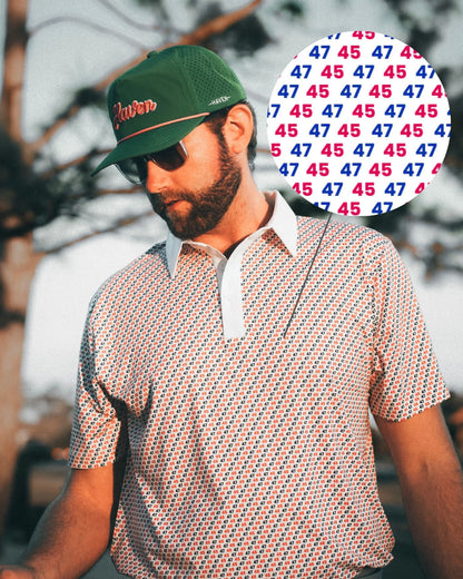 trump 45 47 golf polo haven golf company commander in chief polo read white and blue